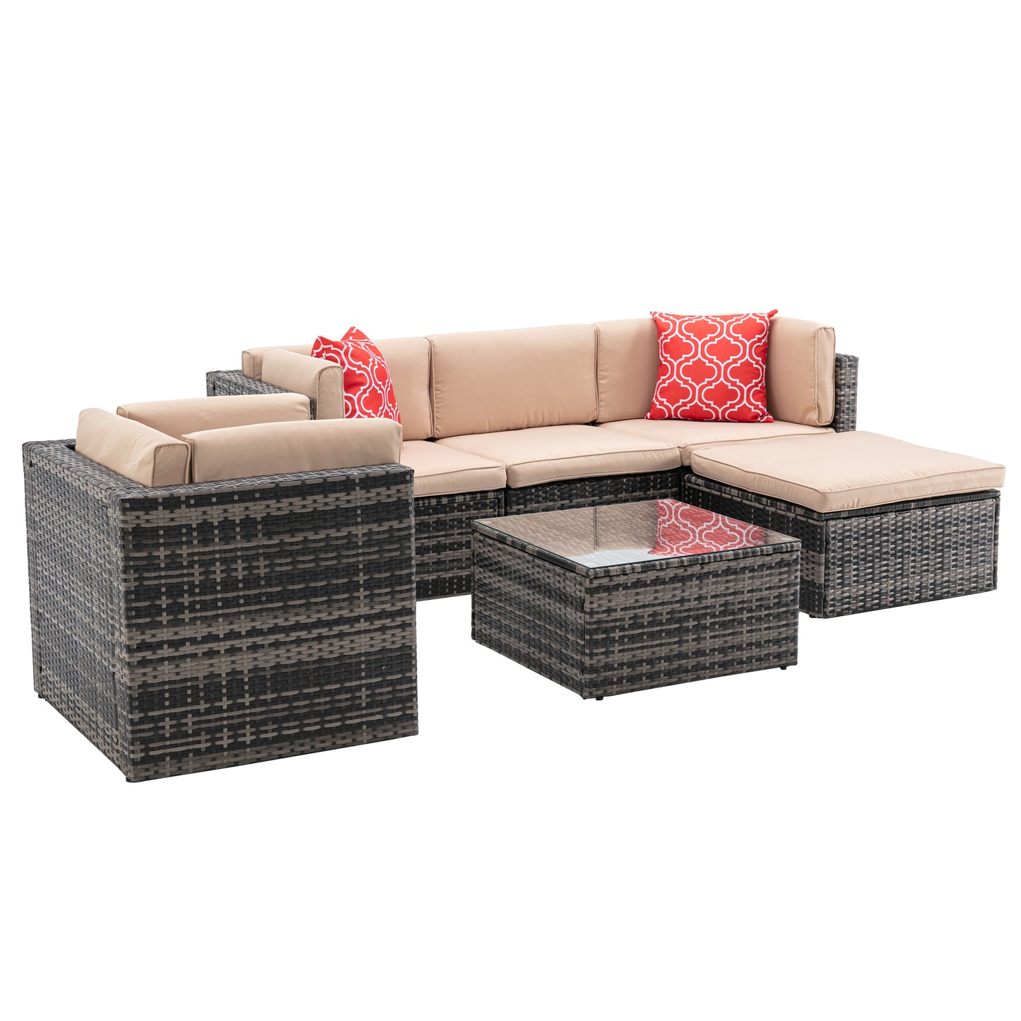 6Pcs Outdoor Garden Patio Furniture  PE Rattan Wicker  Sectional Cushioned Sofa Sets with 2 Pillows and Coffee Table