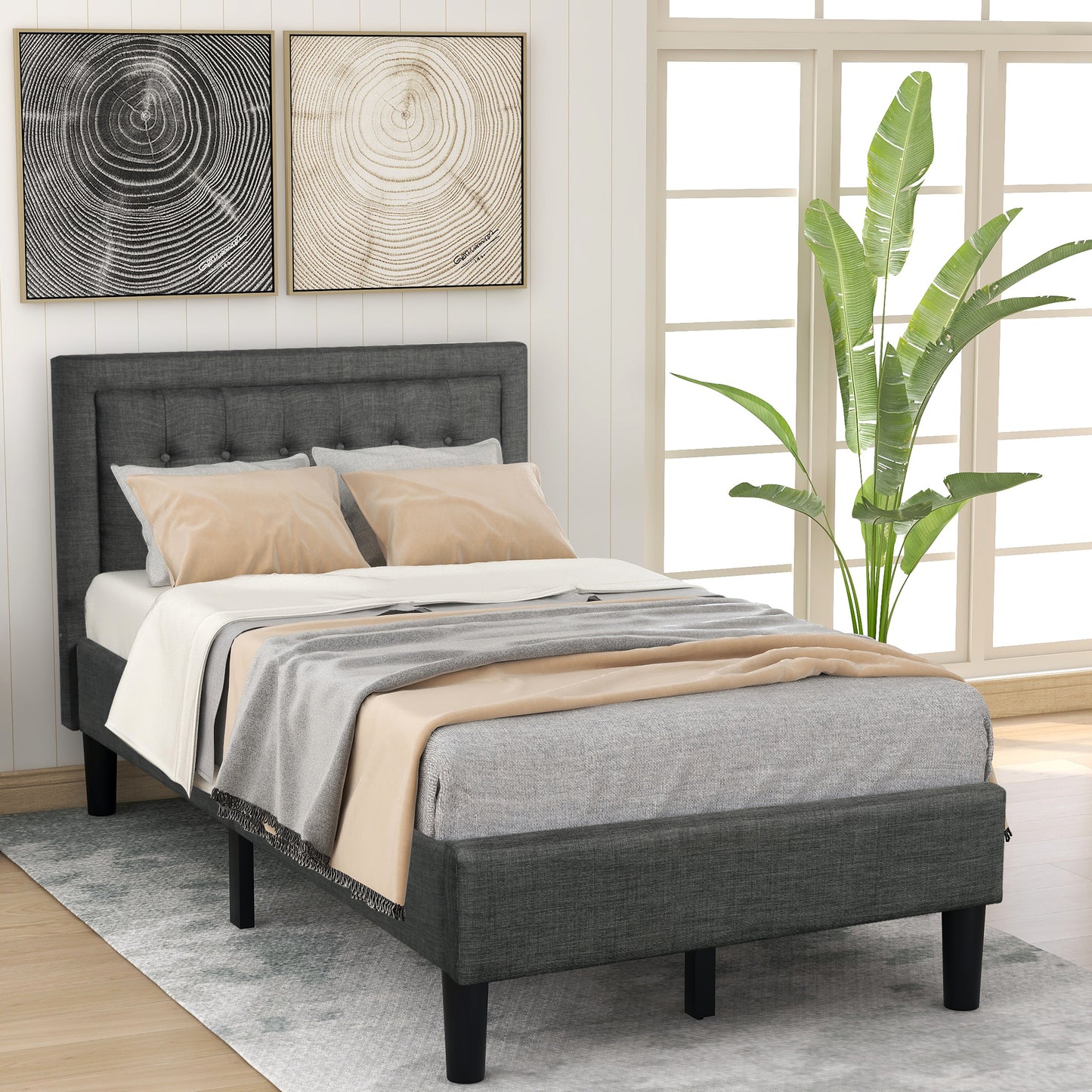 Upholstered Button-Tufted Platform Bed with Strong Wood Slat Support (Twin, Gray)