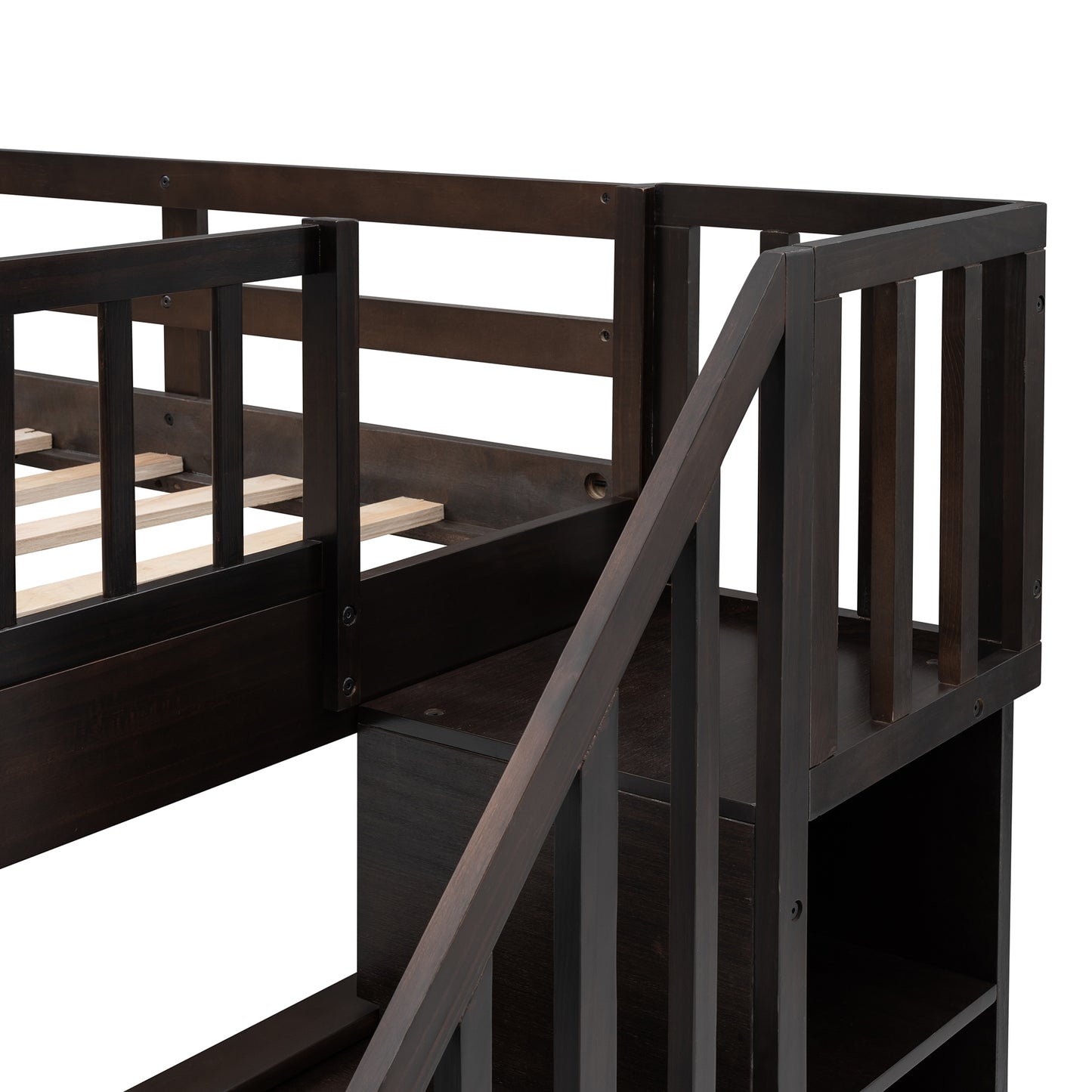 Stairway Full-Over-Full Bunk Bed with Twin size Trundle, Storage and Guard Rail for Bedroom, Dorm - Espresso(OLD SKU :LP001210AAP)