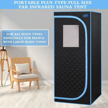 Portable Plus Type Full Size Far Infrared Sauna tent. Spa, Detox ,Therapy and Relaxation at home.Larger Space,Stainless Steel Pipes Connector Easy to Install.FCC Certification--Black(Blue binding)