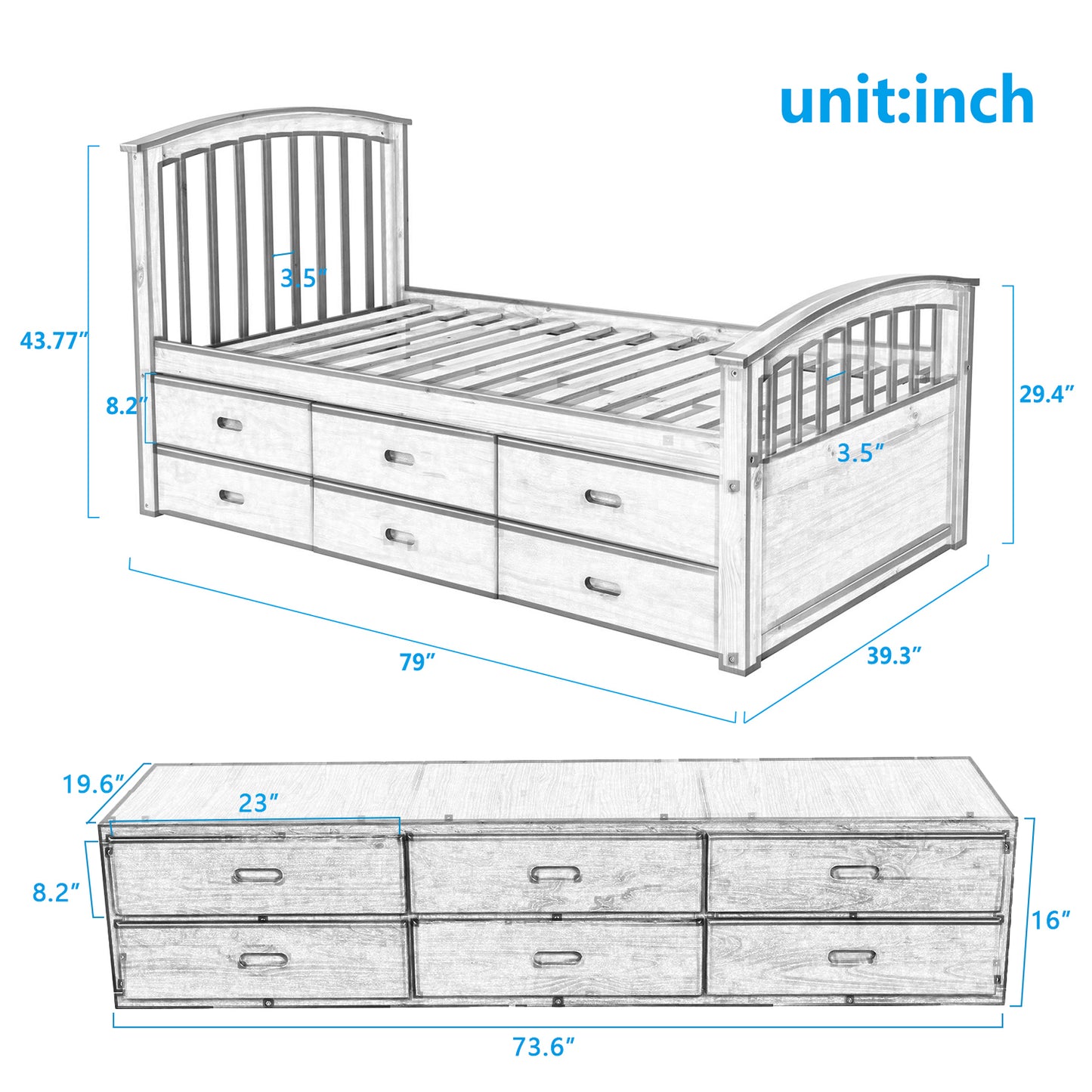 ORISFUR. Twin Size Platform Storage Bed Solid Wood Bed with 6 Drawers