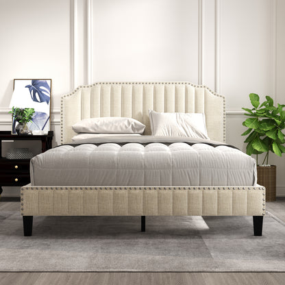 Modern Linen Curved Upholstered Platform Bed , Solid Wood Frame , Nailhead Trim, Cream (Queen)