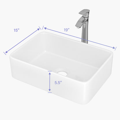 19"x15" Rectangle Bathroom Sink and Faucet Combo Modern Above White Porcelain Ceramic Vessel Vanity Sink Art Basin& Chrome Single Lever Faucet Combo