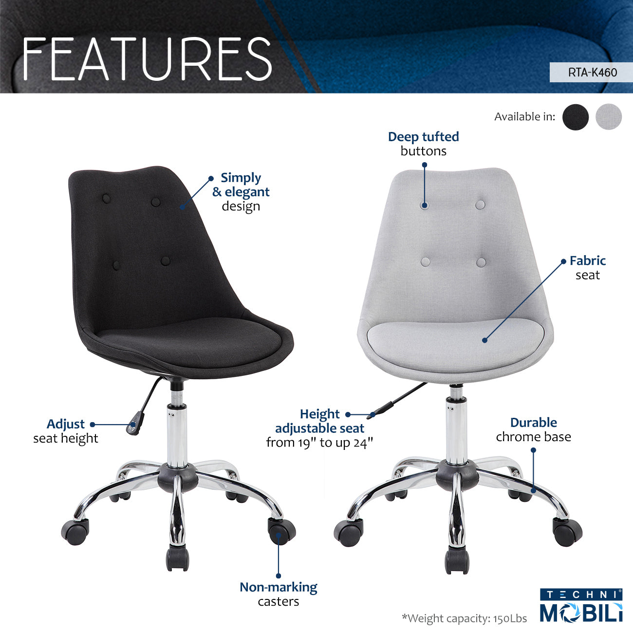 Techni Mobili Armless Task Chair with Buttons, Black