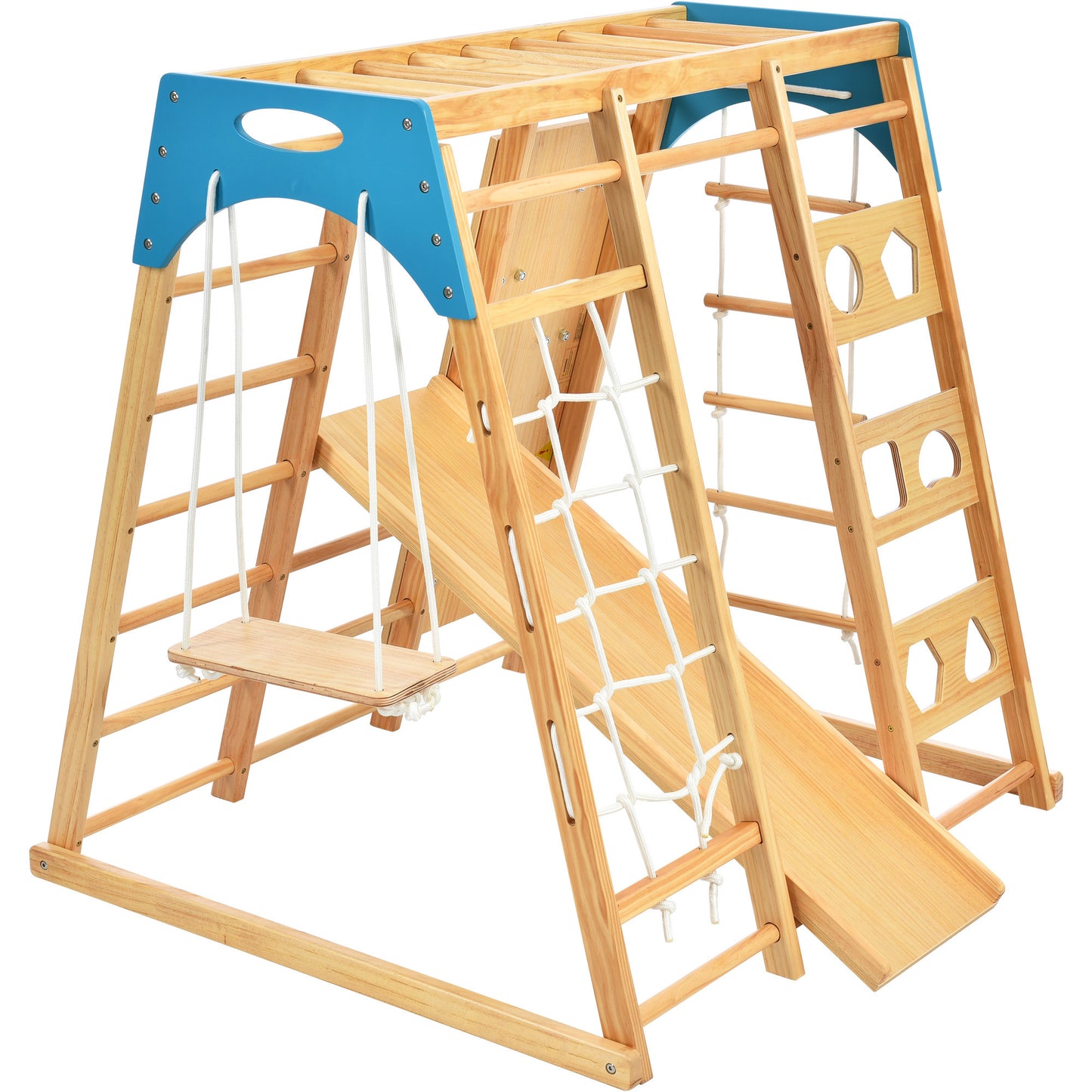 Wooden Indoor Kids Playground Jungle Gym with Slide, Toddlers Wooden Climber 8-in-1 Slide Playset, Wooden Rock Climbing Wall with Rope Wall Climb, Monkey Bars, and Swing for Kids