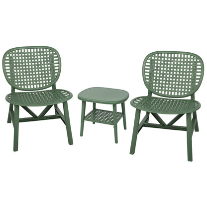 3 Pieces Hollow Design Retro Patio Table Chair Set All Weather Conversation Bistro Set Outdoor Table with Open Shelf and Lounge Chairs with Widened Seat for Balcony Garden Yard  Green