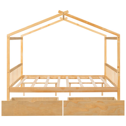 Full Size House Platform Bed with Two Drawers,Headboard and Footboard,Roof Design,Natural