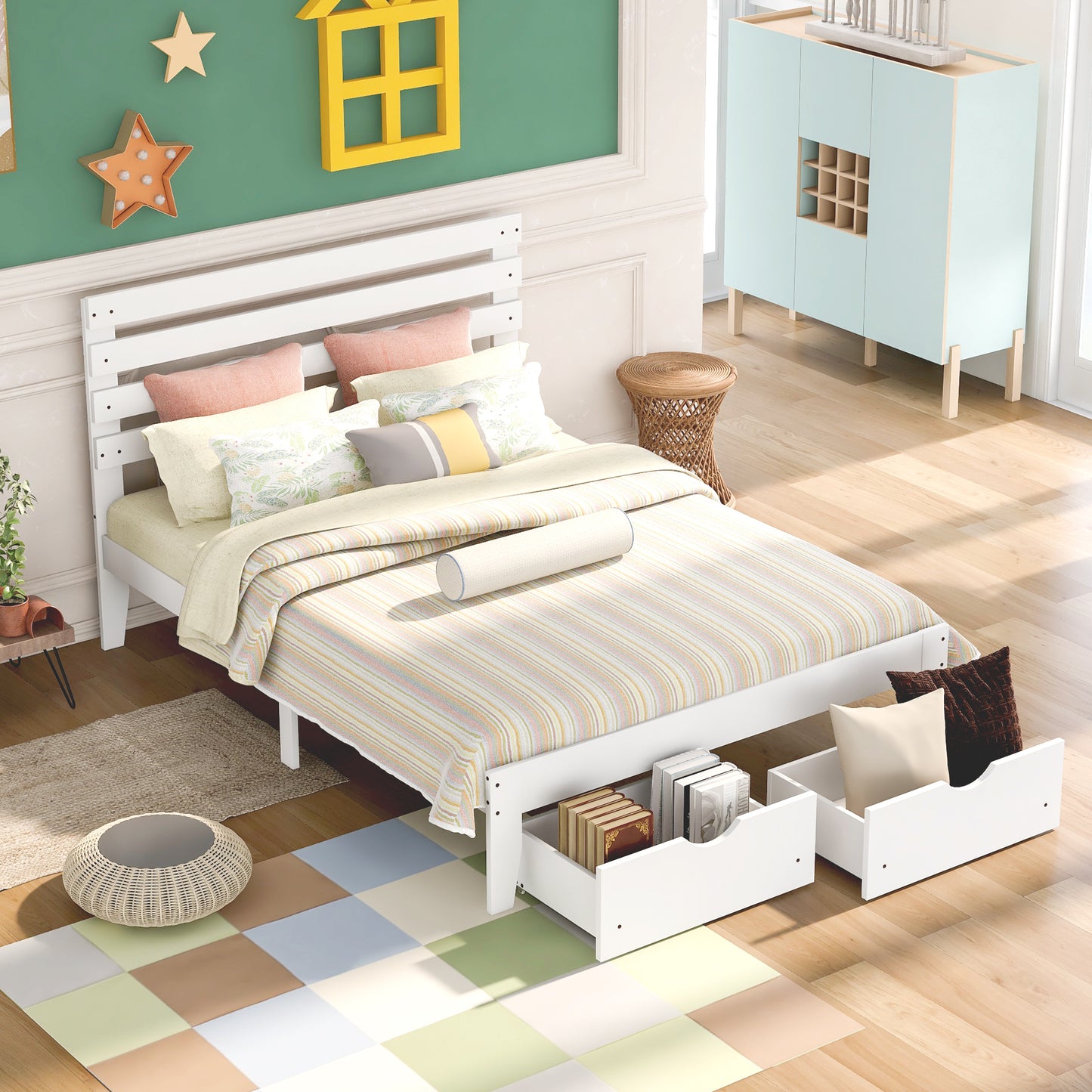 Full Size Platform Bed with Drawers, White(New SKU:WF288468AAK)