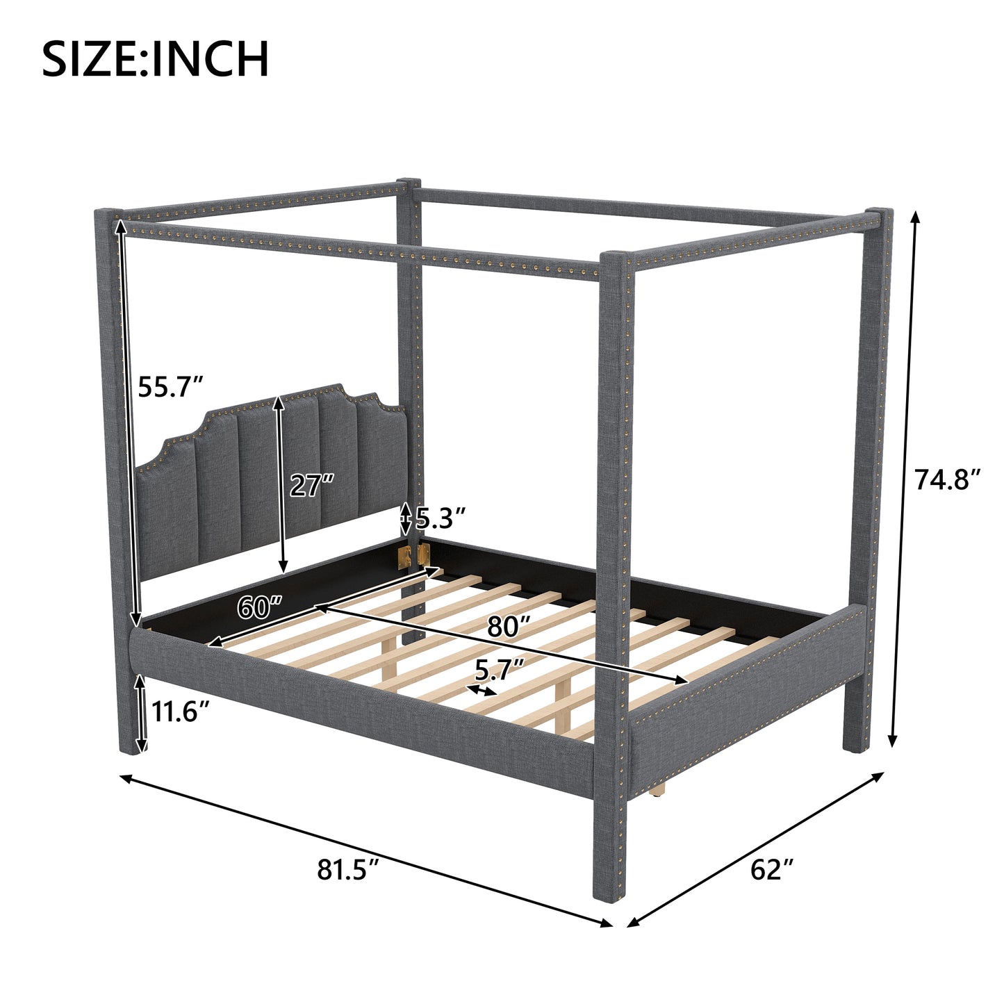 Queen Size Upholstery Canopy Platform Bed with Headboard,Support Legs,Gray