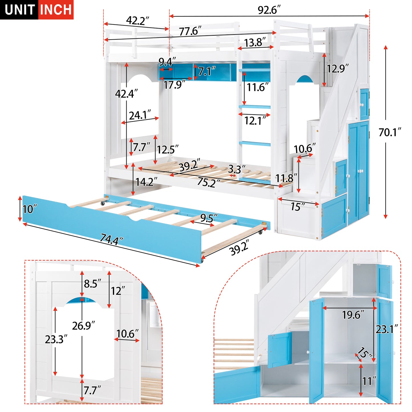 Twin Over Twin Bunk Bed with Trundle ,Stairs,Ladders Solid Wood Bunk bed with Storage Cabinet （White + Blue）