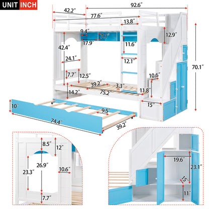 Twin Over Twin Bunk Bed with Trundle ,Stairs,Ladders Solid Wood Bunk bed with Storage Cabinet （White + Blue）