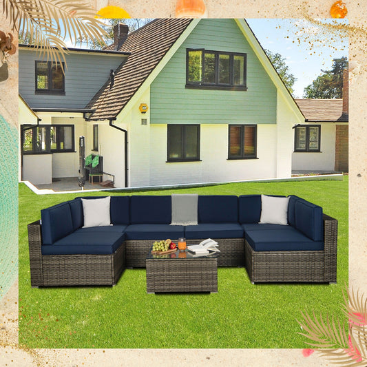 Outdoor Garden Patio Furniture 7-Piece Dark Gray PE Rattan Wicker Sectional Navy Cushioned Sofa Sets with 2 Begie Pillows