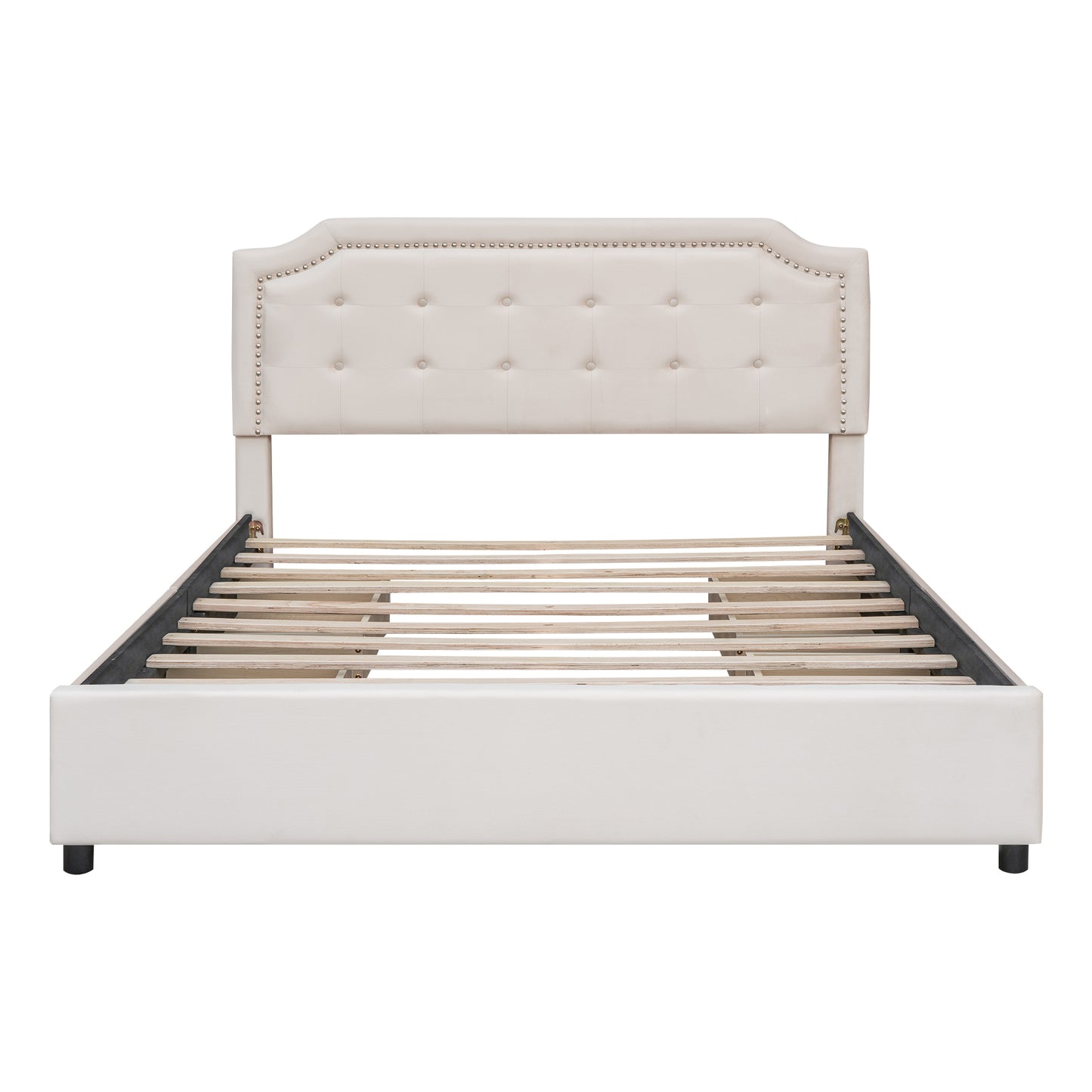 Upholstered Platform Bed with Classic Headboard and 4 Drawers, No Box Spring Needed, Velvet Fabric, Queen Size Beige