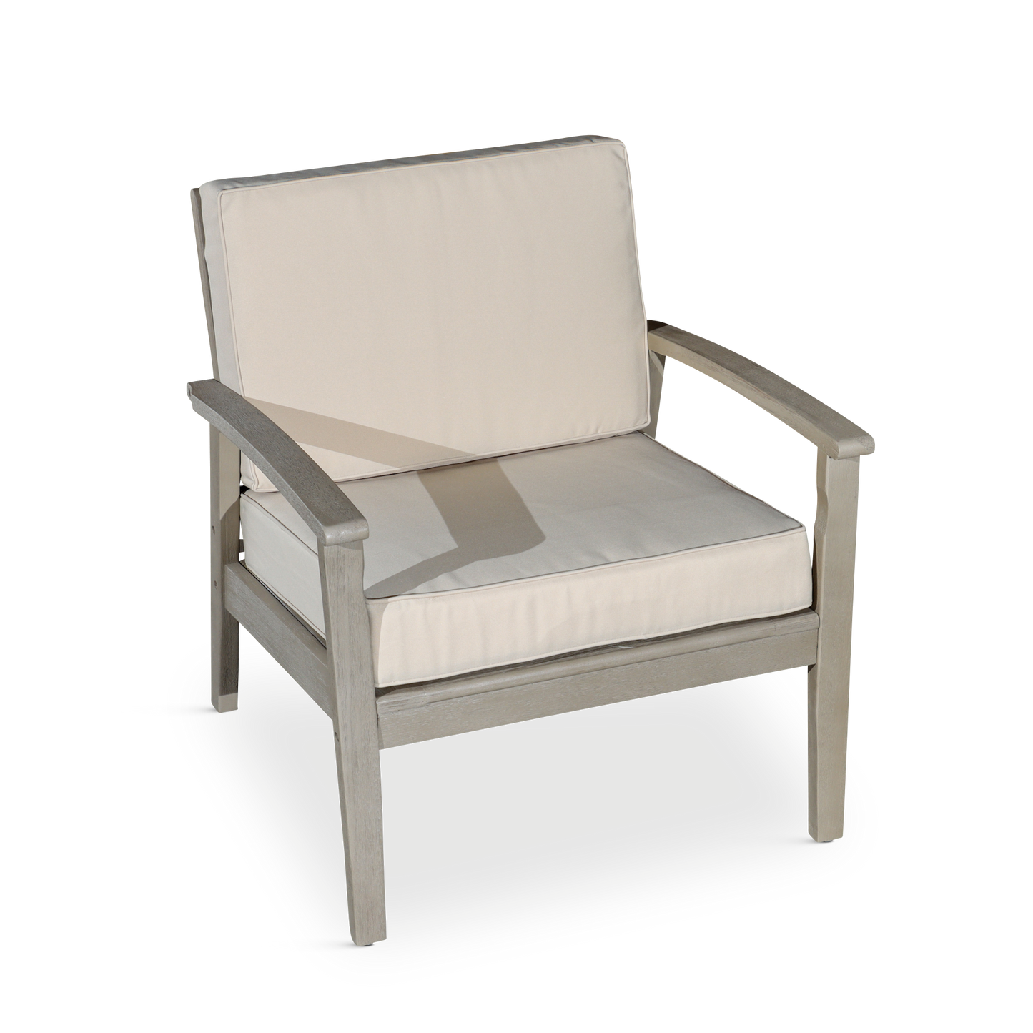 Deep Seat Eucalyptus Chair, Driftwood Gray Finish, Sand Cushions