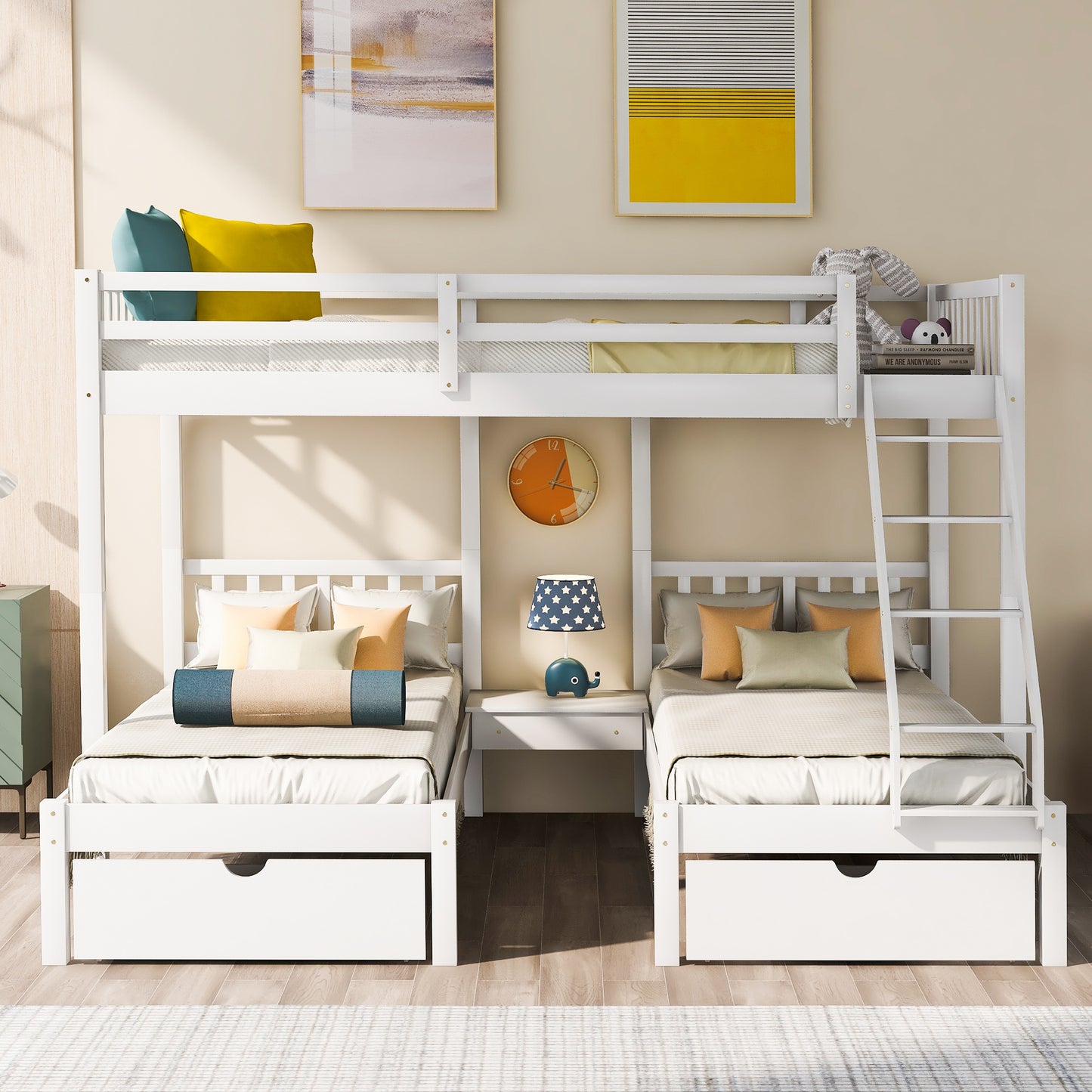 Full Over Twin & Twin Bunk Bed, Wood Triple Bunk Bed with Drawers and Guardrails  (White) （OLD SKU:LP000143AAK）