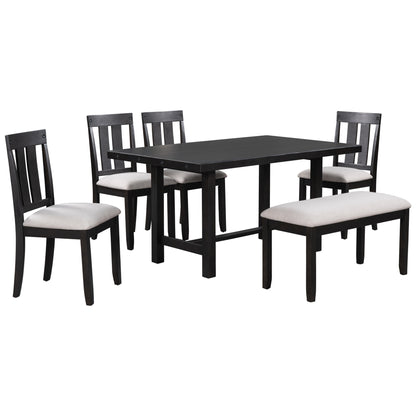 TREXM Rustic Farmhouse 6-Piece Wooden Rustic Style Dining Set, Including Table, 4 Chairs & Bench (Espresso)