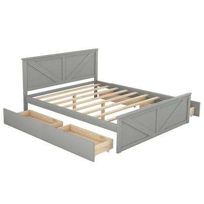 Queen Size Wooden Platform Bed with Four Storage Drawers and Support Legs, Gray