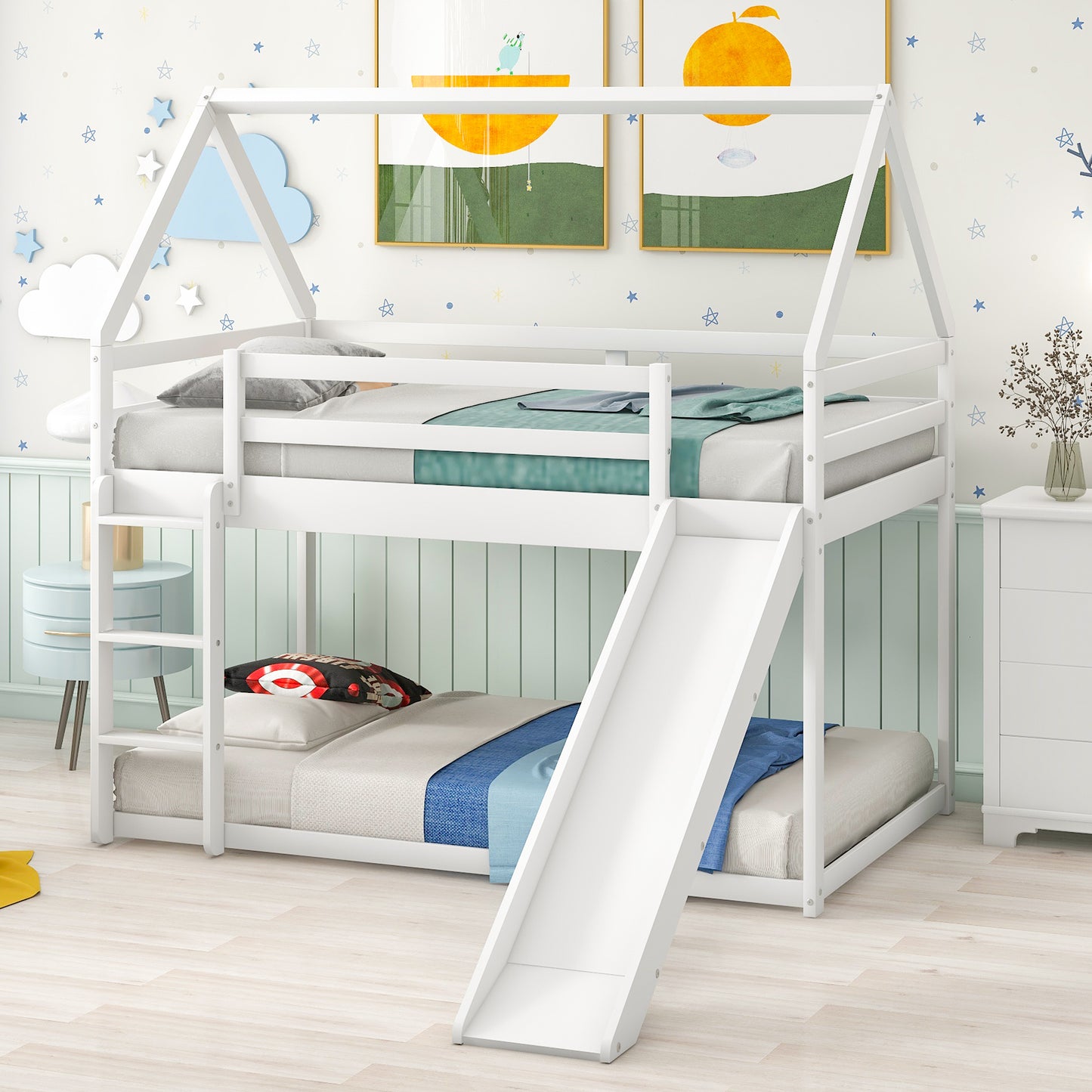 Twin Size Bunk House Bed with Convertible Slide and Ladder,White(OLD SKU:WF285894AAK)