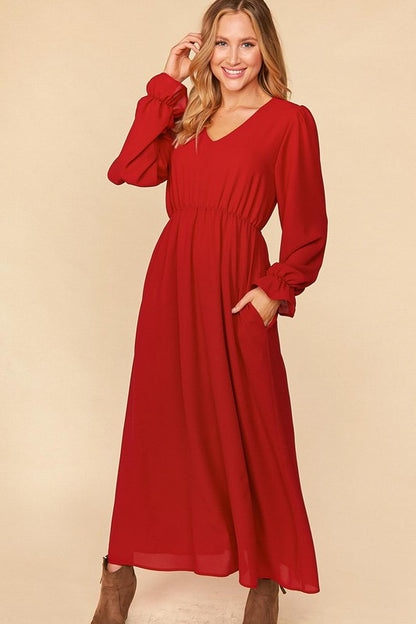 PUFF RUFFLE HEM SLEEVE WOVEN MAXI LINED DRESS