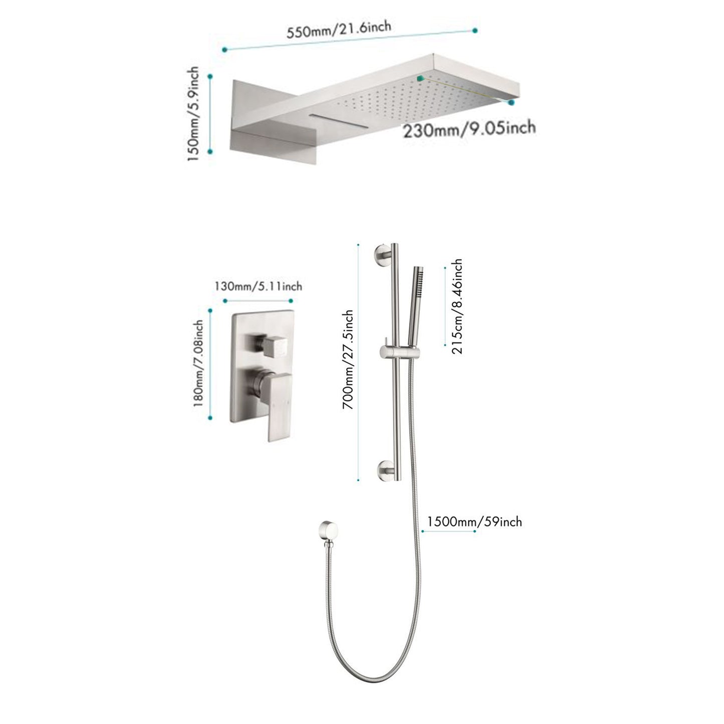 Shower System Square Bathroom Luxury Rain Mixer Shower Combo Set Pressure Balanced Shower System with Shower Head, Hand Shower, Slide Bar, Shower Arm, Hose, and Valve Trim