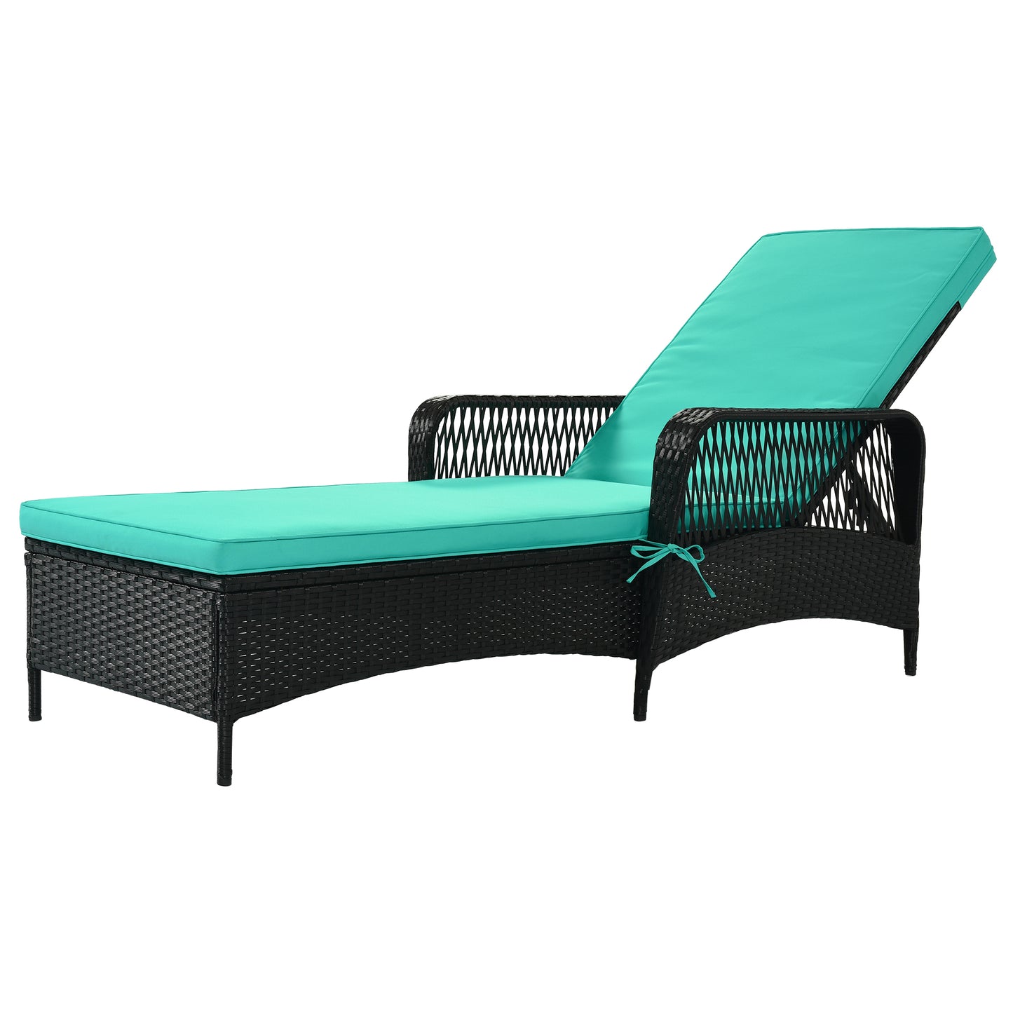 GO Outdoor patio pool PE rattan wicker chair wicker sun lounger, Adjustable backrest, green cushion, Black wicker (1 set)