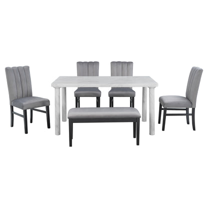 TREXM 6-Piece Dining Table Set with Marble Veneer Table and 4 Flannelette Upholstered Dining Chairs & Bench (White+Gray)