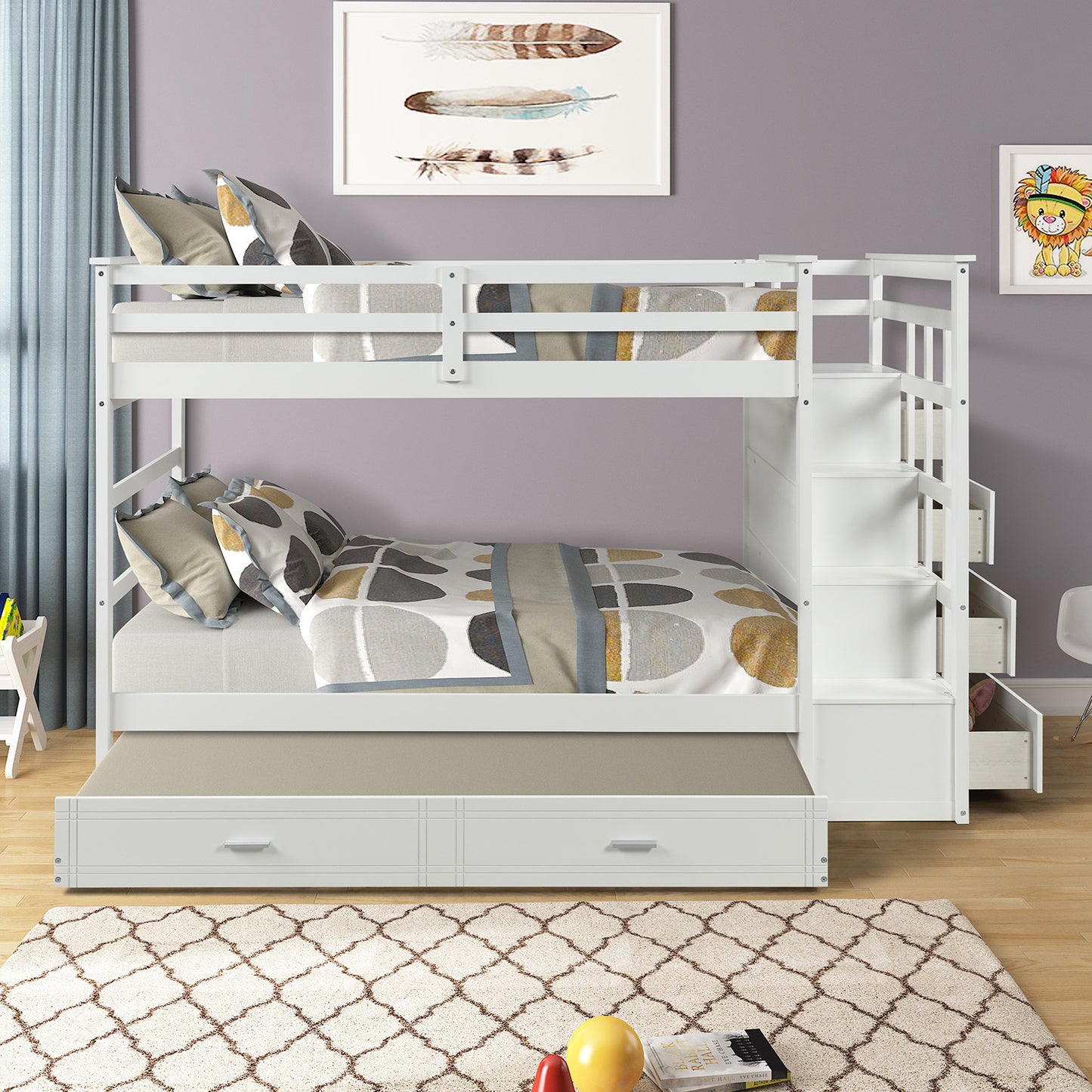 Solid Wood Bunk Bed, Hardwood Twin Over Twin Bunk Bed with Trundle and Staircase, Natural White Finish(OLD SKU :LP000068AAP)