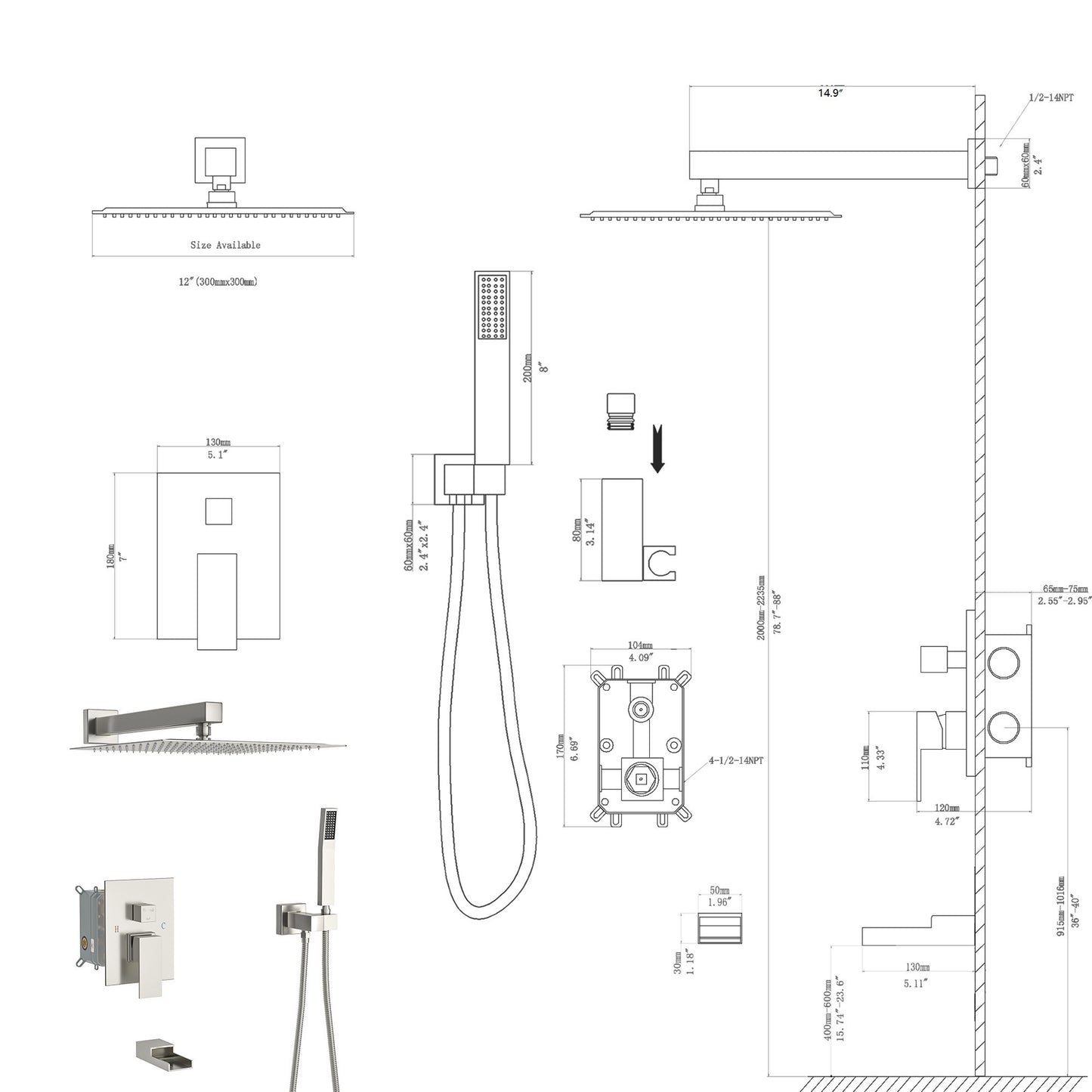 12" Rain Shower Head Systems with Waterfall Tub Spout ,Brushed Nickel,Ceiling Mounted shower