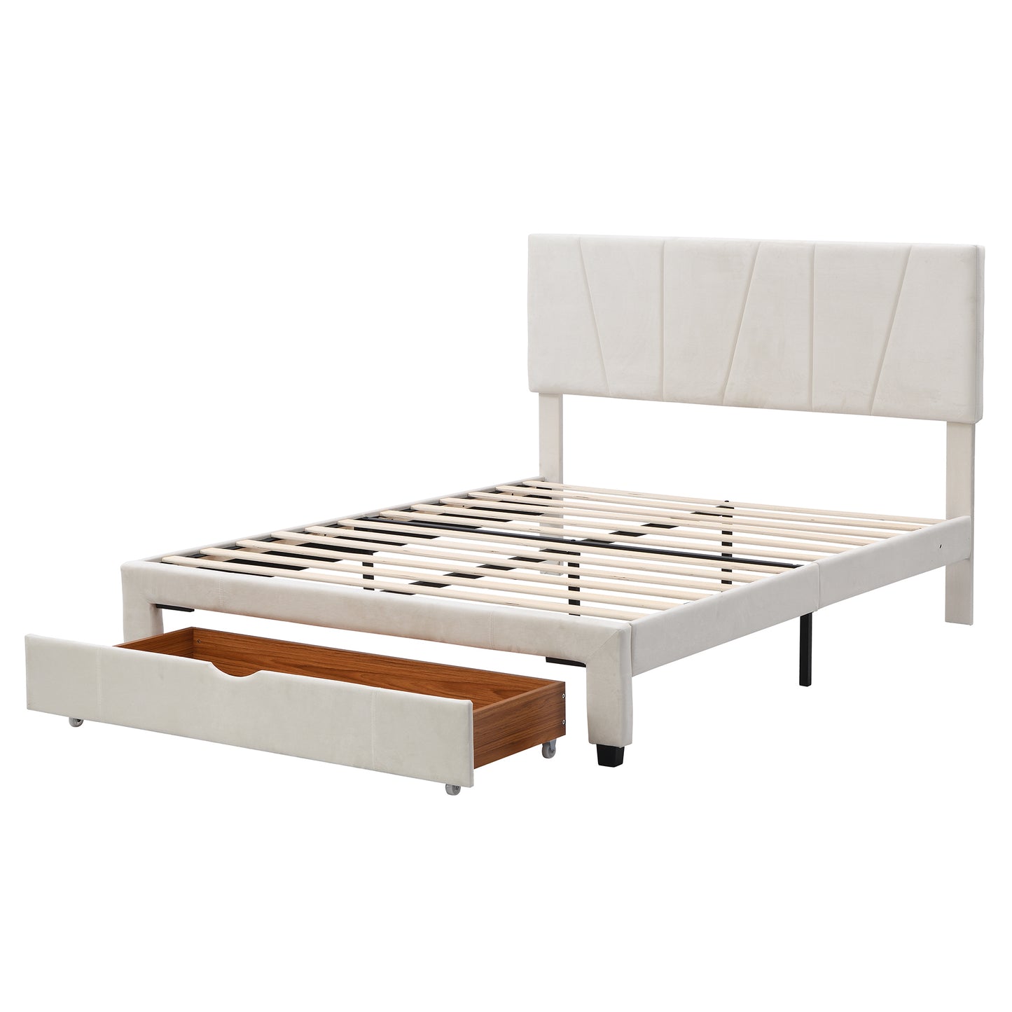 Queen Size Upholstery Platform Bed with One Drawer,Adjustable Headboard, Beige