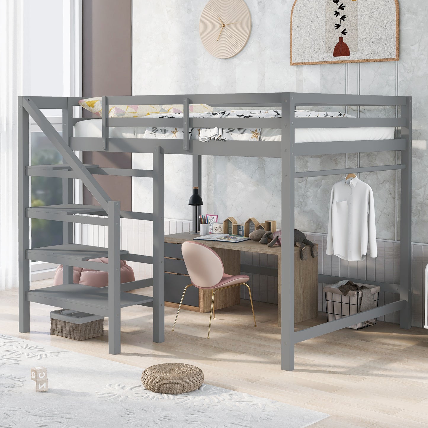 Full Size Loft Bed with Built-in Storage Staircase and Hanger for Clothes,Gray