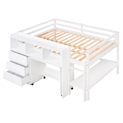 Full Size Low Loft Bed with Rolling Portable Desk, Drawers and Shelves,  White