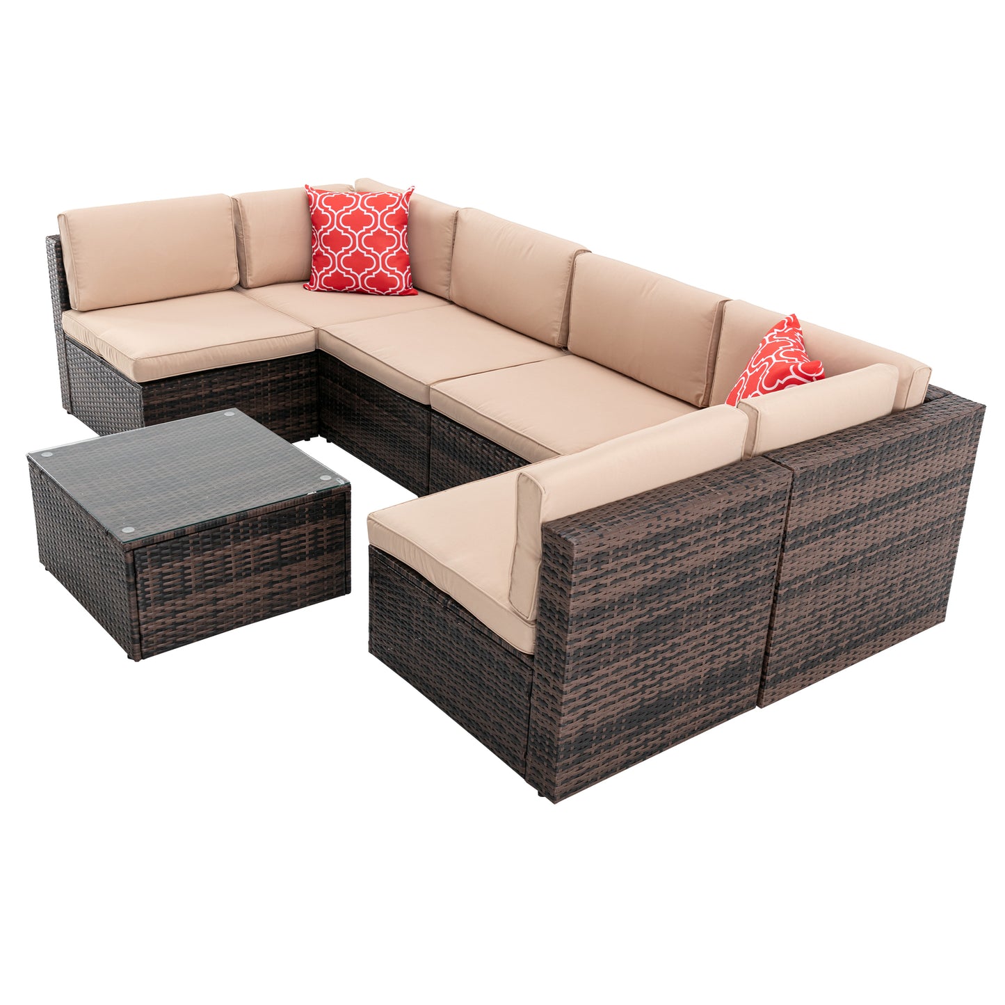 7Pcs Outdoor Garden Patio Furniture  PE Rattan Wicker  Sectional Cushioned Sofa Sets with 2 Pillows and Coffee Tablemodular sectional sofa sets