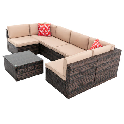 7Pcs Outdoor Garden Patio Furniture  PE Rattan Wicker  Sectional Cushioned Sofa Sets with 2 Pillows and Coffee Tablemodular sectional sofa sets