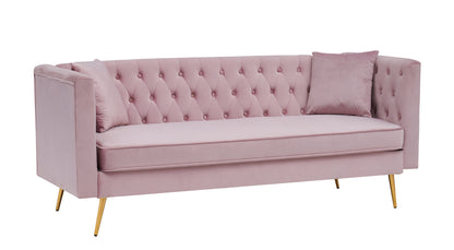 Modern Flat Armrest Living Room Sofa Pink Three Seat Sofa With Two Throw Pillows