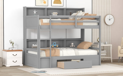 Twin Size Bunk Bed with Built-in Shelves Beside both Upper and Down Bed and Storage Drawer,Gray