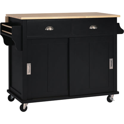 K&K Kitchen Cart with Rubber wood Drop-Leaf Countertop, Concealed sliding barn door adjustable height,Kitchen Island on 4 Wheels with Storage Cabinet and 2 Drawers,L52.2xW30.5xH36.6 inch, Black