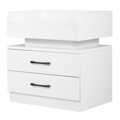 Nightstand with 2 Drawers,USB Charging Ports, Wireless Charging and Remote Control LED Light-White