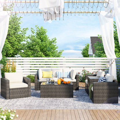 U_STYLE Patio Furniture Sets, 7-Piece Patio Wicker Sofa , Cushions, Chairs , a Loveseat , a Table and a Storage Box