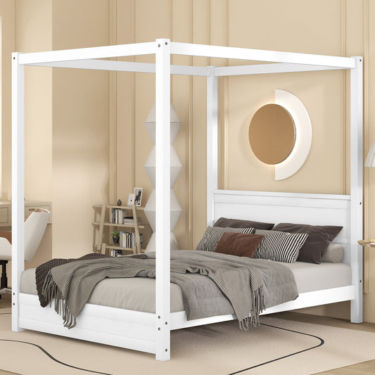 Full Size Canopy Platform Bed with Headboard and Support Legs,White