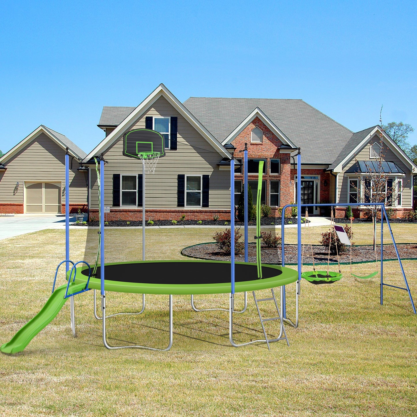 14FT TRAMPOLINE WITH SWING-METAL WITH SLIDE