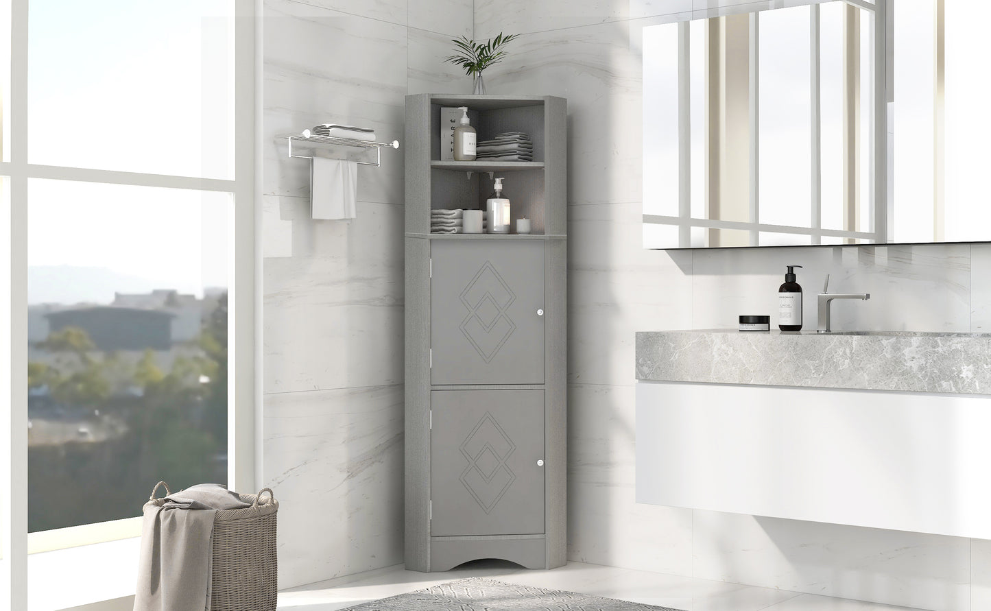 Tall Bathroom Corner Cabinet, Freestanding Storage Cabinet with Doors and Adjustable Shelves, MDF Board, Gray