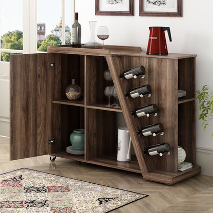 TREXM Kitchen Island Cart on Wheels with Adjustable Shelf and 5 Wine Holders, Storage Cart for Dining Room, Kitchen (Brown)