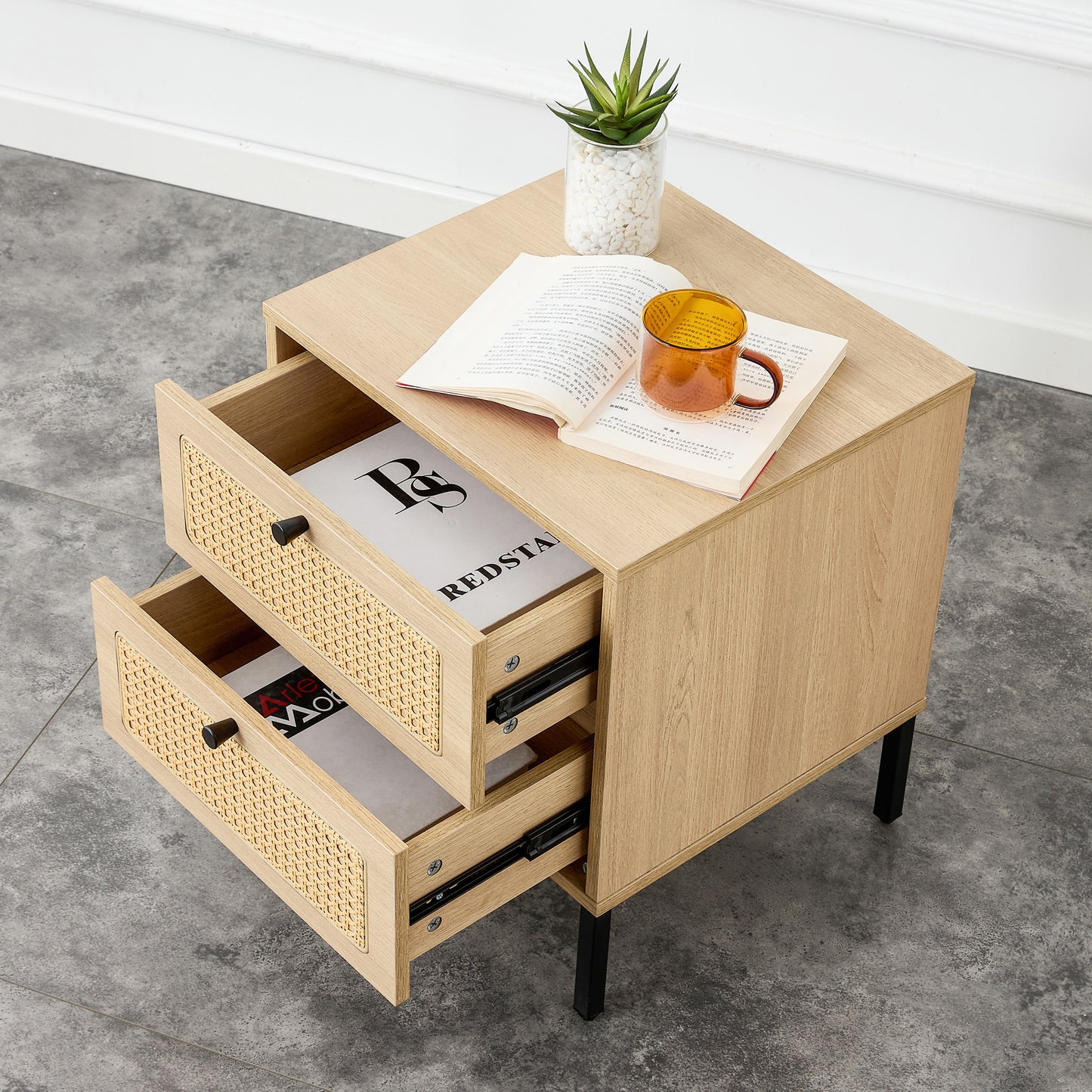 Modern simple storage cabinet MDF Board bedside cabinet Japanese rattan bedside cabinet Small household furniture bedside table.Applicable to dressing table in bedroom, porch, living room.2 Drawers