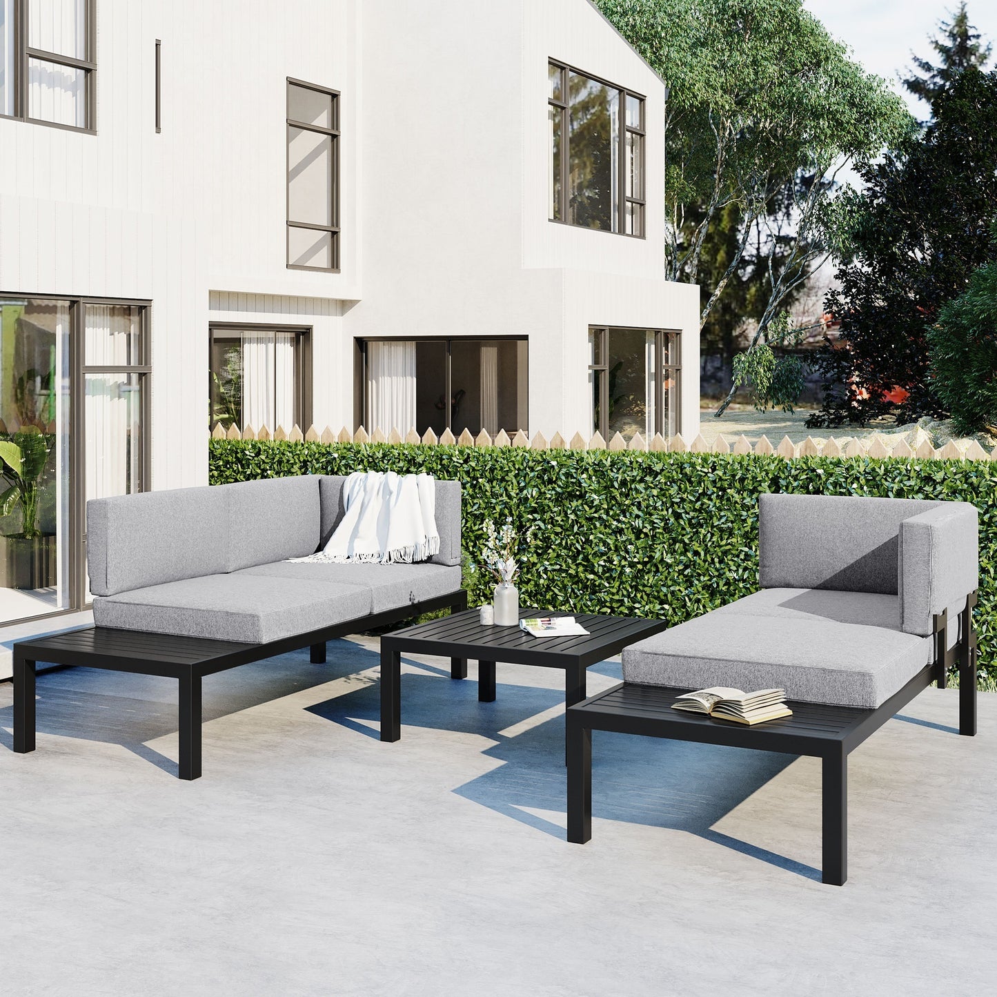 TOPMAX Outdoor 3-piece Aluminum Alloy Sectional Sofa Set with End Table and Coffee Table,Black Frame+Gray Cushion