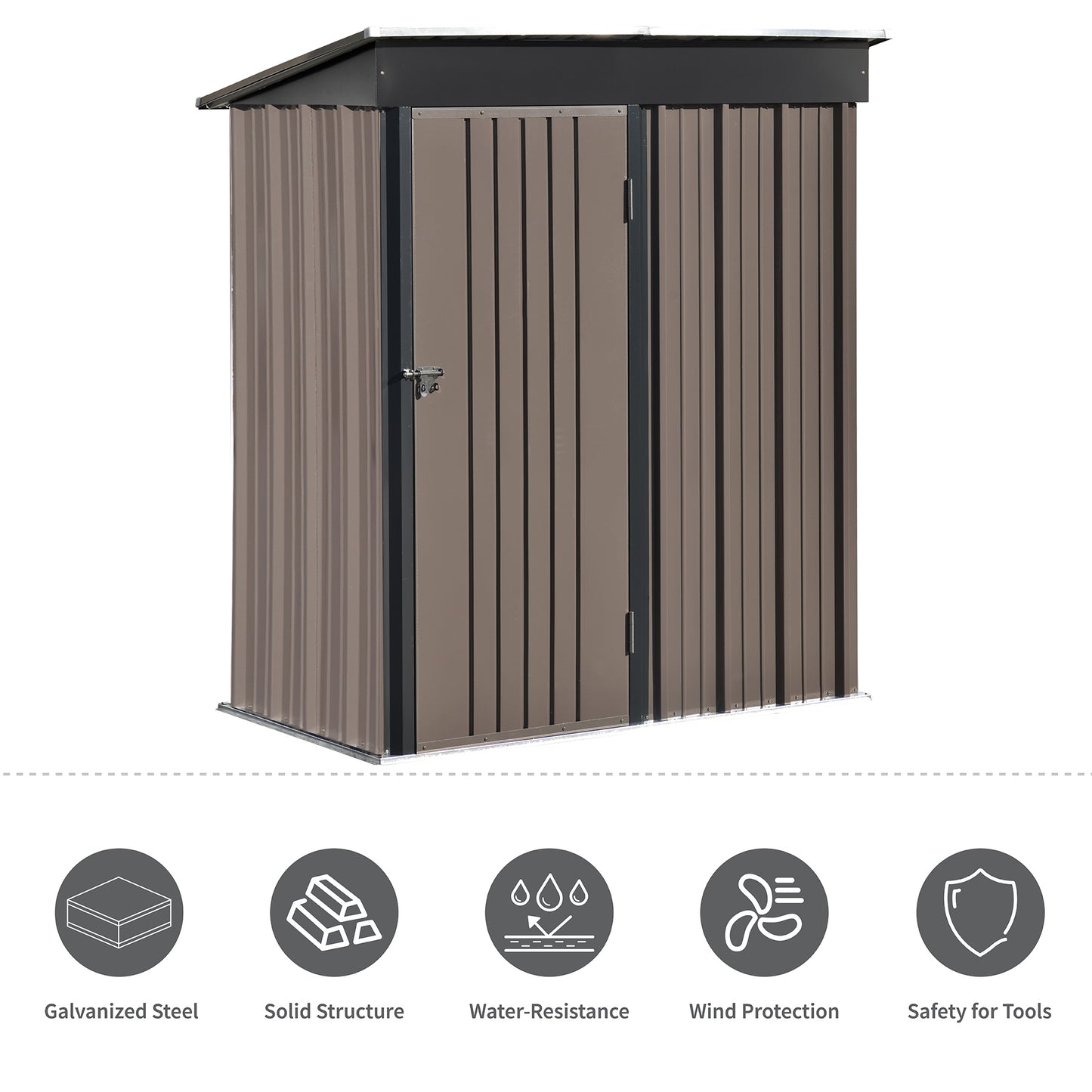 TOPMAX Patio 5ft Wx3ft. L Garden Shed, Metal Lean-to Storage Shed with Adjustable Shelf and Lockable Door, Tool Cabinet for Backyard, Lawn, Garden, Brown