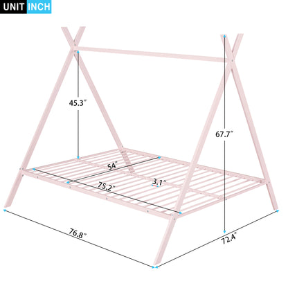 House Bed Tent Bed Frame Full Size Metal Floor Play House Bed with Slat for Kids Girls Boys , No Box Spring Needed Pink