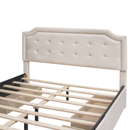 Upholstered Platform Bed with Classic Headboard and 4 Drawers, No Box Spring Needed, Velvet Fabric, Queen Size Beige