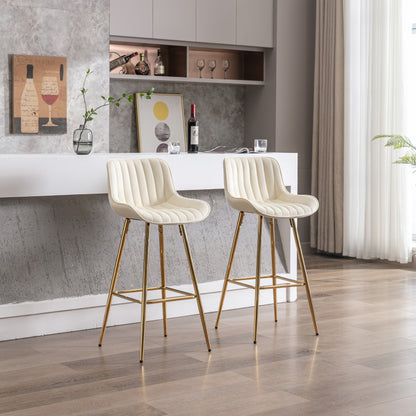 30 inch Set of 2 Bar Stools,with Chrome Footrest Velvet Fabric Counter Stool Golden Leg Simple High Bar Stool,CREAM