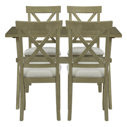 TOPMAX 5 Pieces Farmhouse Rustic Wood Kitchen Dining Table Set with Upholstered 4 X-back Chairs, Gray Green