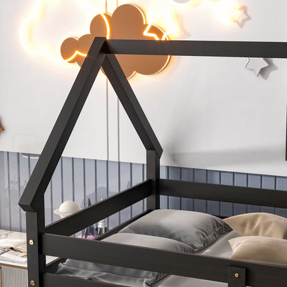 Twin over Twin Loft Bed with Roof Design, Safety Guardrail, Ladder, Espresso